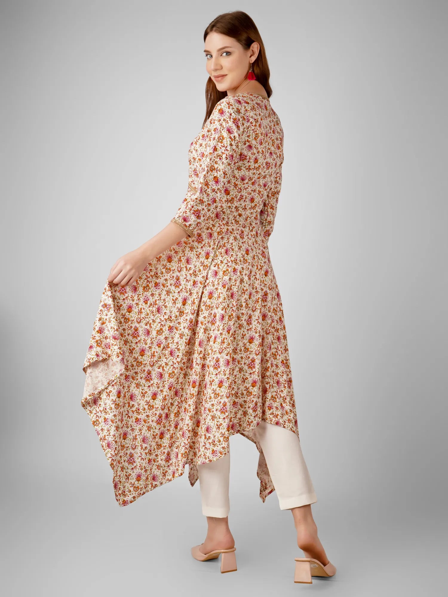 Elegant High Neck Floral Printed Anarkali Dress