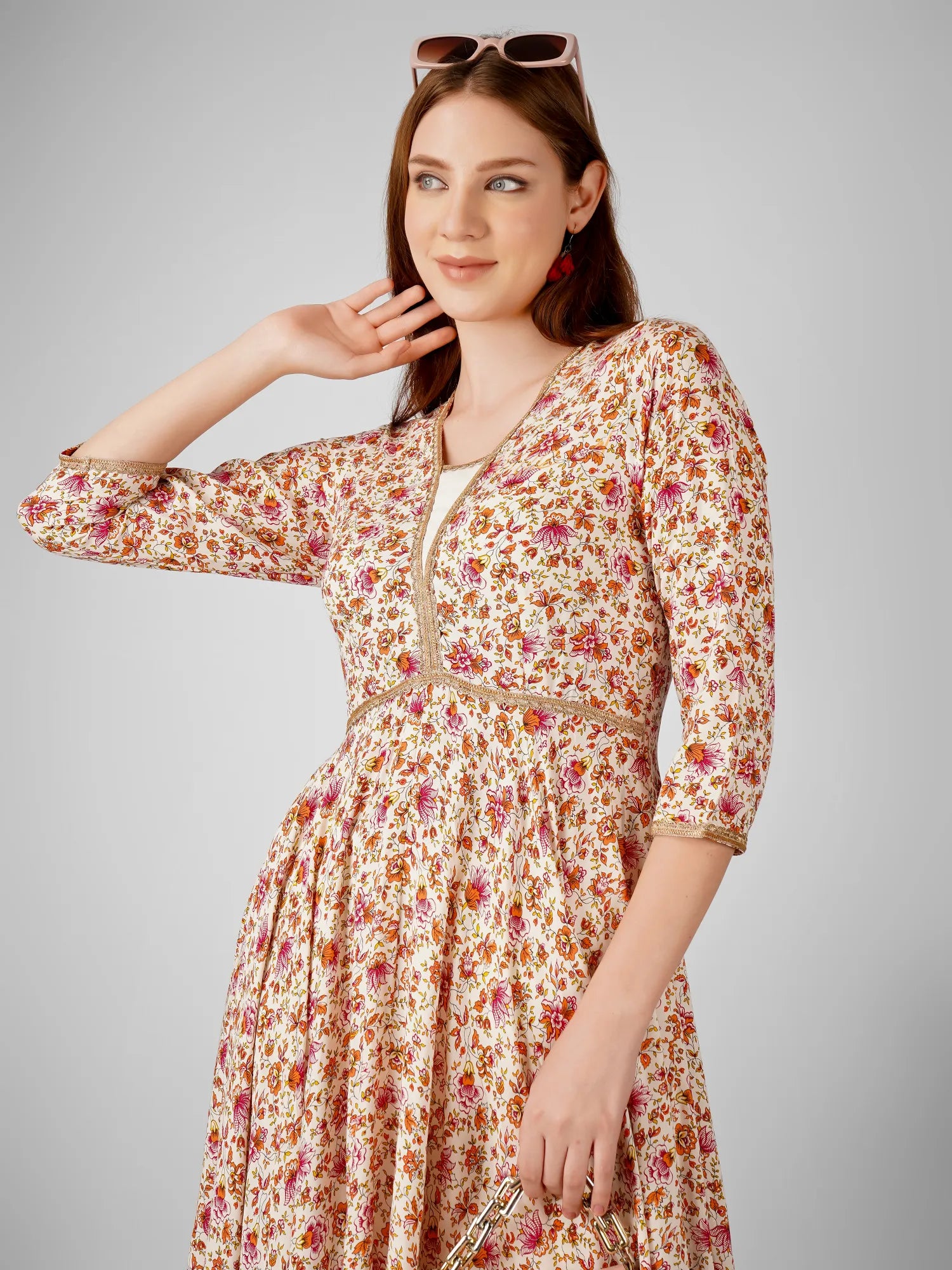 Elegant High Neck Floral Printed Anarkali Dress