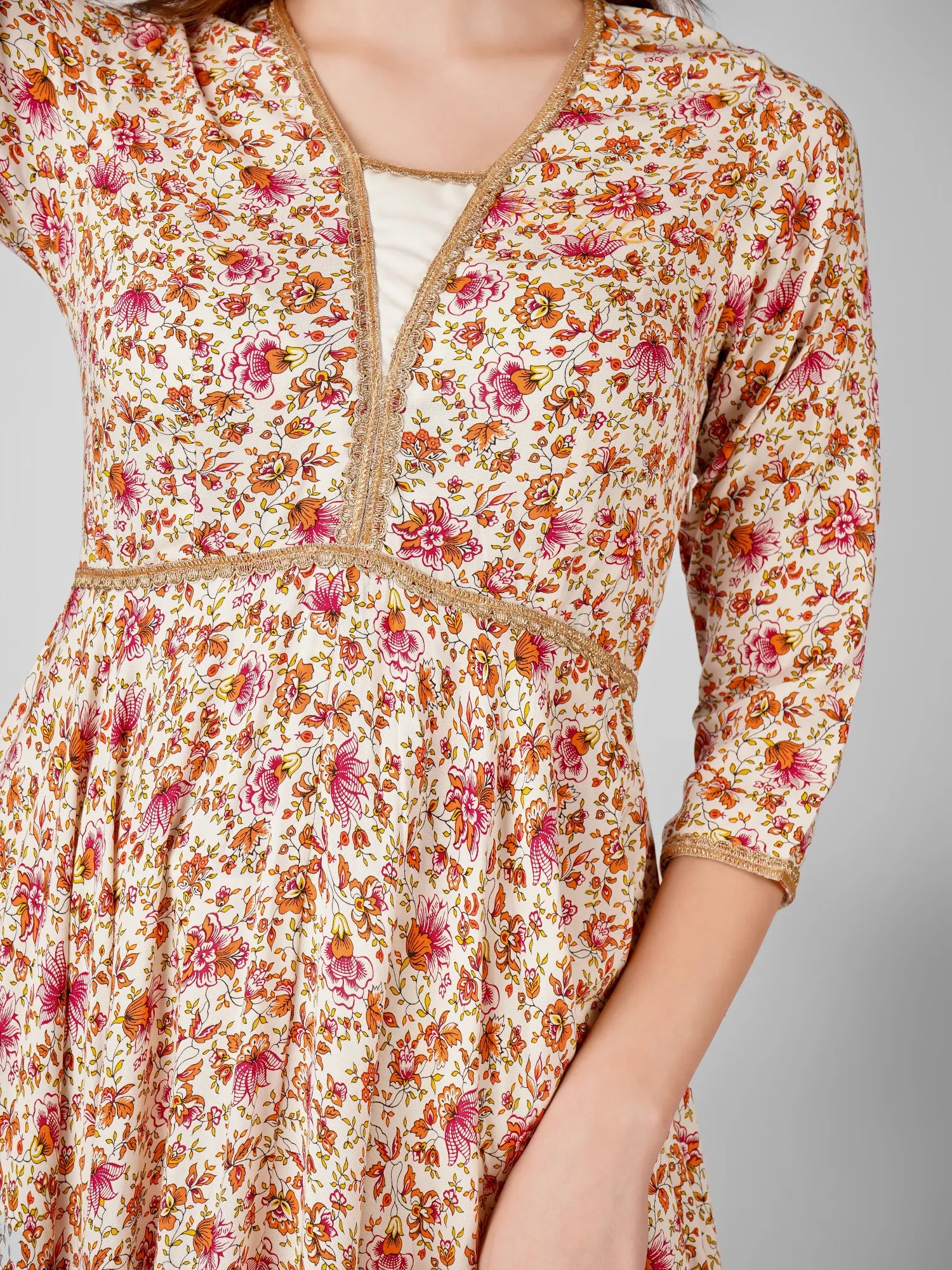 Elegant High Neck Floral Printed Anarkali Dress