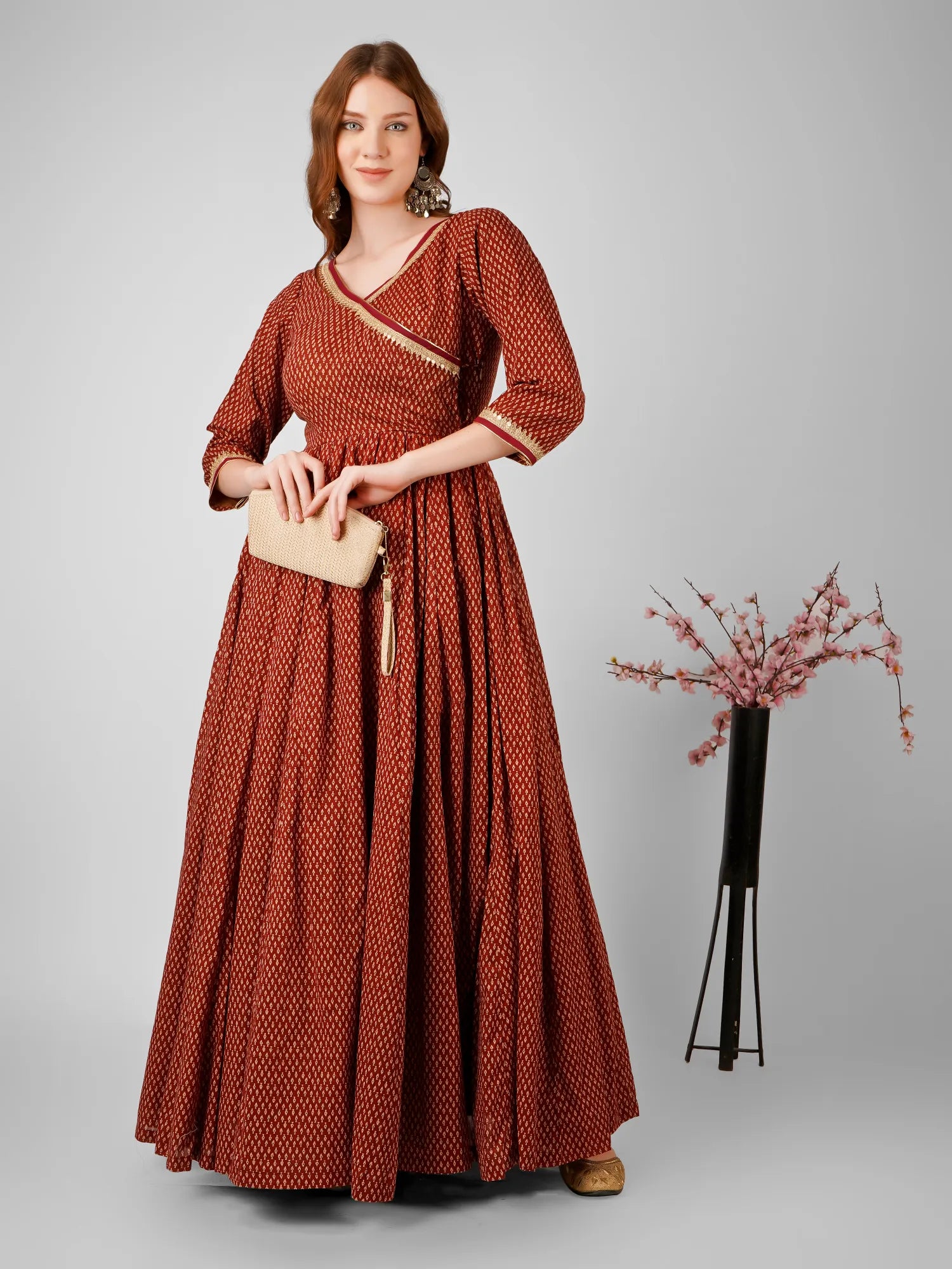 Brown Traditional Long-Length Anarkali Dress