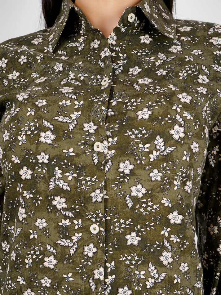 Olive Green Floral Printed Long Kurta & Trouser Kurta Set