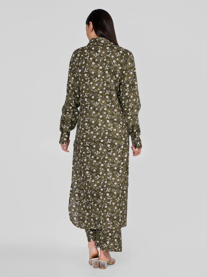 Olive Green Floral Printed Long Kurta & Trouser Kurta Set