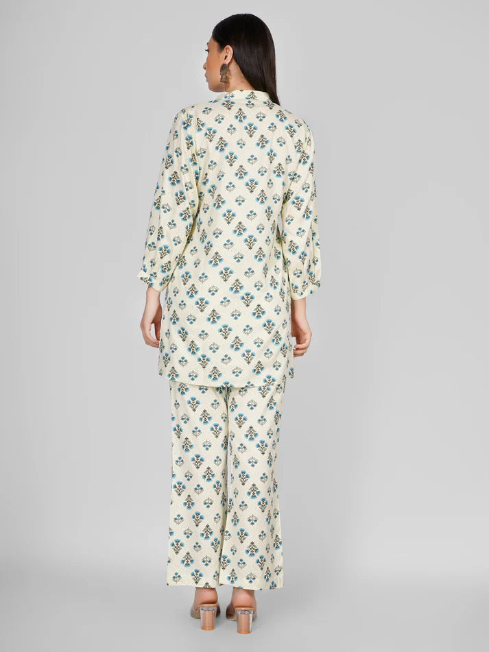 Ivory & Blue Cotton Printed Co-ord Set