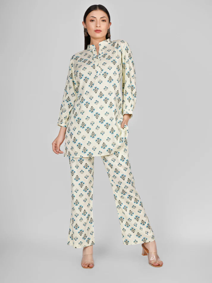 Ivory & Blue Cotton Printed Co-ord Set