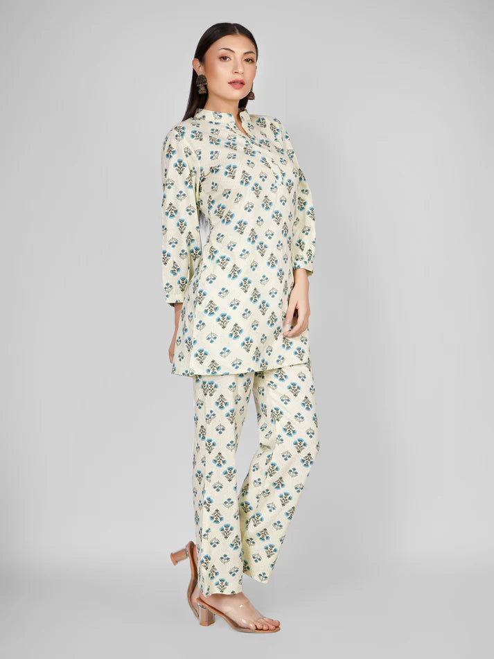 Ivory & Blue Cotton Printed Co-ord Set