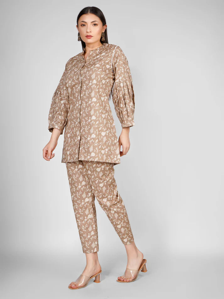 Taupe & White Floral Printed Co-ord Set