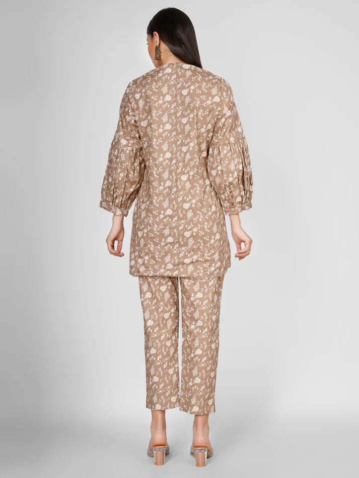 Taupe & White Floral Printed Co-ord Set